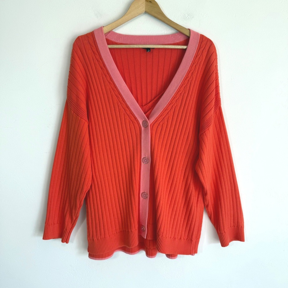 Talbots Cardigan Tank Set Ribbed Orange Pink Cotton Preppy Academia Plus Size 3X